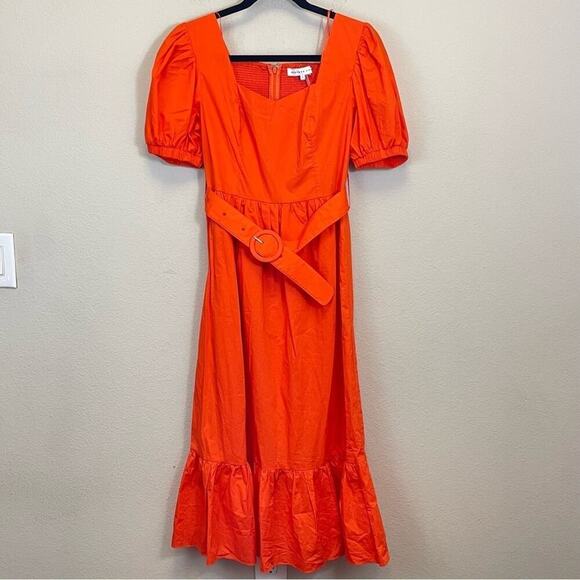 Endless Rose Orange Puff Sleeve Belted Tiered Midi Dress‎ Size S - Picture 2 of 11